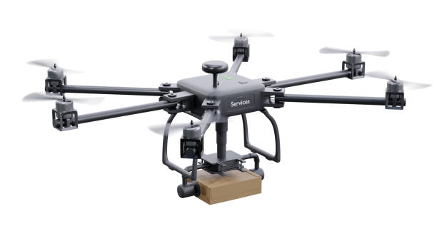 istock UAV drone delivery services with brown post package isolated on white background. clipping part. 3d render. 1254036324