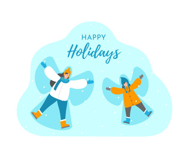 Vector isolated concept in flat style. Christam card with text wishing Happy Holidays. Mom and daughter lie on back in snow and make snow angel Vector isolated concept in flat style. Christam card with text wishing Happy Holidays. Mom and daughter lie on back in snow and make snow angel. Funny activities of family in winter vacation snow angels stock illustrations