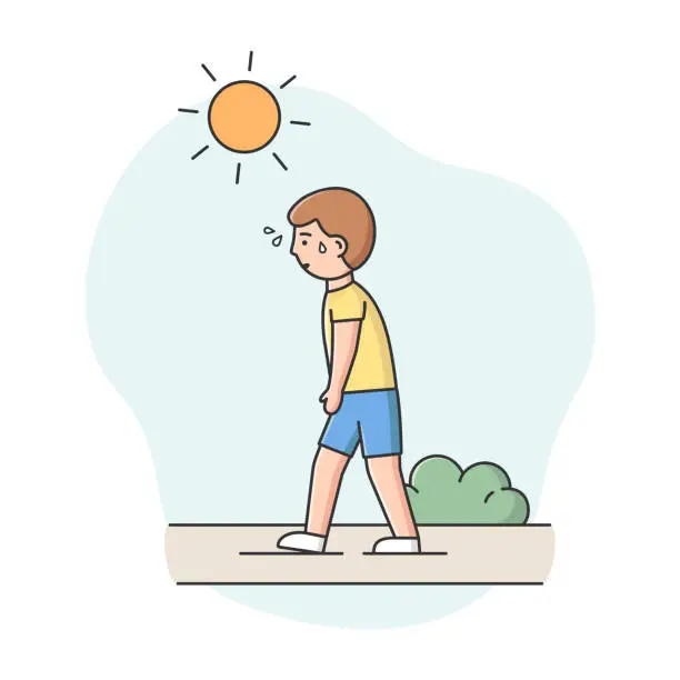 Vector illustration of Concept Of Summer Hot Period. Man Weary From Heat Is Walking Down The Street In The Park Under the Scorching Sun, Sweating, In Hot Summer Day. Cartoon Linear Outline Flat Style. Vector Illustration