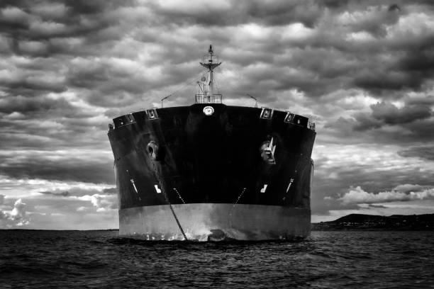 A Large Ship's Bow From the Sea in Black and White