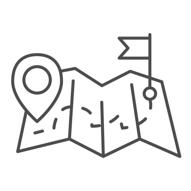 Map with route from pointer to flag thin line icon, Navigation concept, Location markers on map sign on white background, From point to point distance icon in outline style. Vector graphics. Map with route from pointer to flag thin line icon, Navigation concept, Location markers on map sign on white background, From point to point distance icon in outline style. Vector graphics tourism stock illustrations