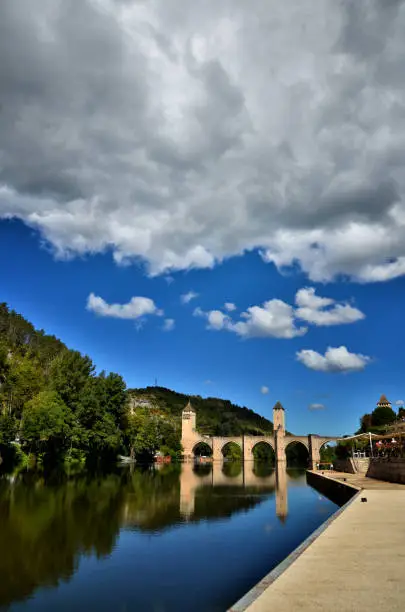 Pont Valentre, fortified stone arch bridge crossing the Lot River at Cahors, France