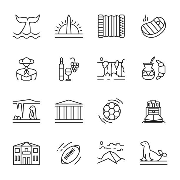 Vector icons set of Argentina in linear style Vector icons set of Argentina in linear style. Collection of national symbols of travel items for web. Outline bundle of famous places, traditional food and argentine culture isolated. South America argentina stock illustrations