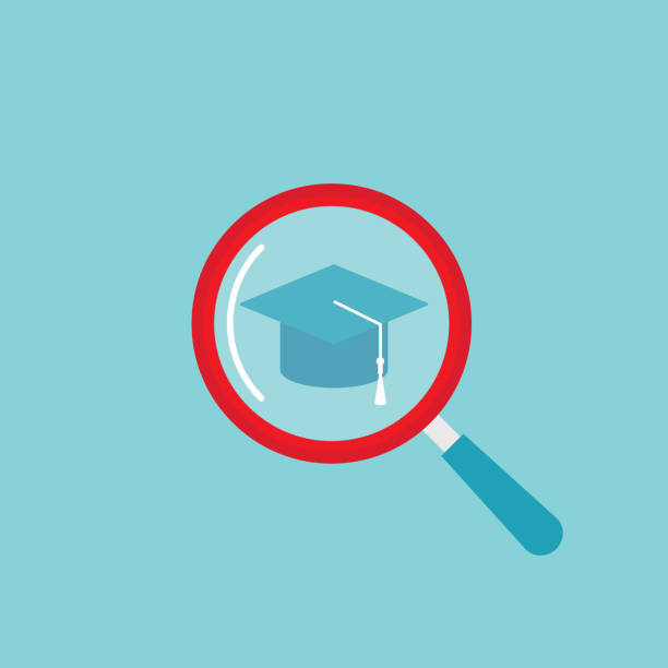 istock graduation cap or mortar board and magnifying glass on powder blue background. 1254048551