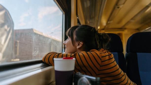istock Smiling woman on a train 1254048712