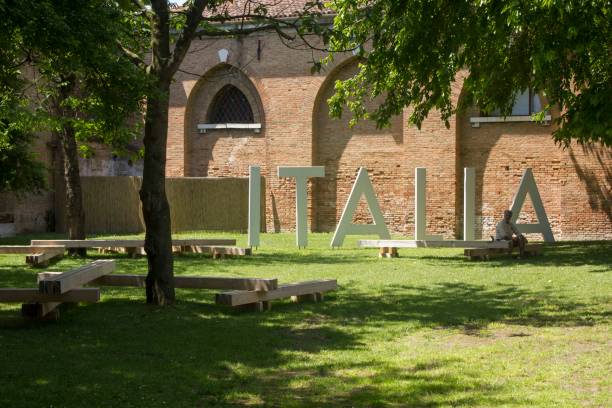 "Italia" text in a garden in Venice during the Architecture Biennale Venice, Italy - May 28 2016: "Italia" text in a garden in Venice during the Architecture Biennale venice biennale stock pictures, royalty-free photos & images