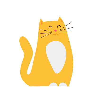 Smiling ginger cat pet closeup, kitty sitting calmly with closed eyes and wagging tail in hope to be fed, feline isolated on vector illustration
