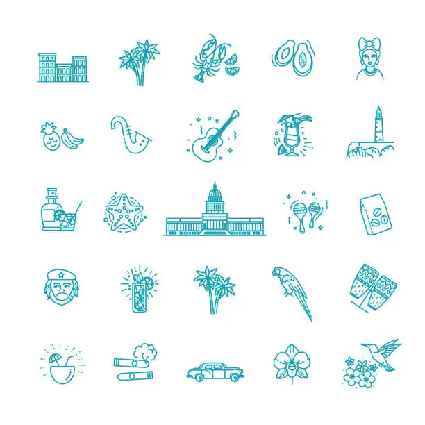 Vector illustration of Cuba icon set. Outline vector icons of Cuban culture