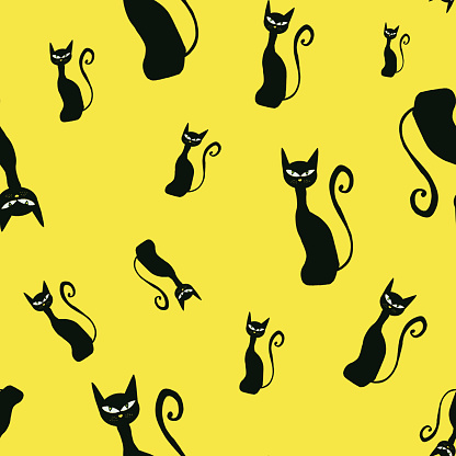 Black Cats Pattern On Yellow Background Seamless Kids Pattern Halloween