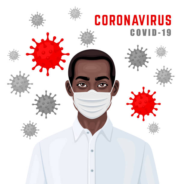 illustrations, cliparts, dessins animés et icônes de homme afro-américain utilisant un masque protecteur pour empêcher l’infection de virus. - coughing illness men latin american and hispanic ethnicity