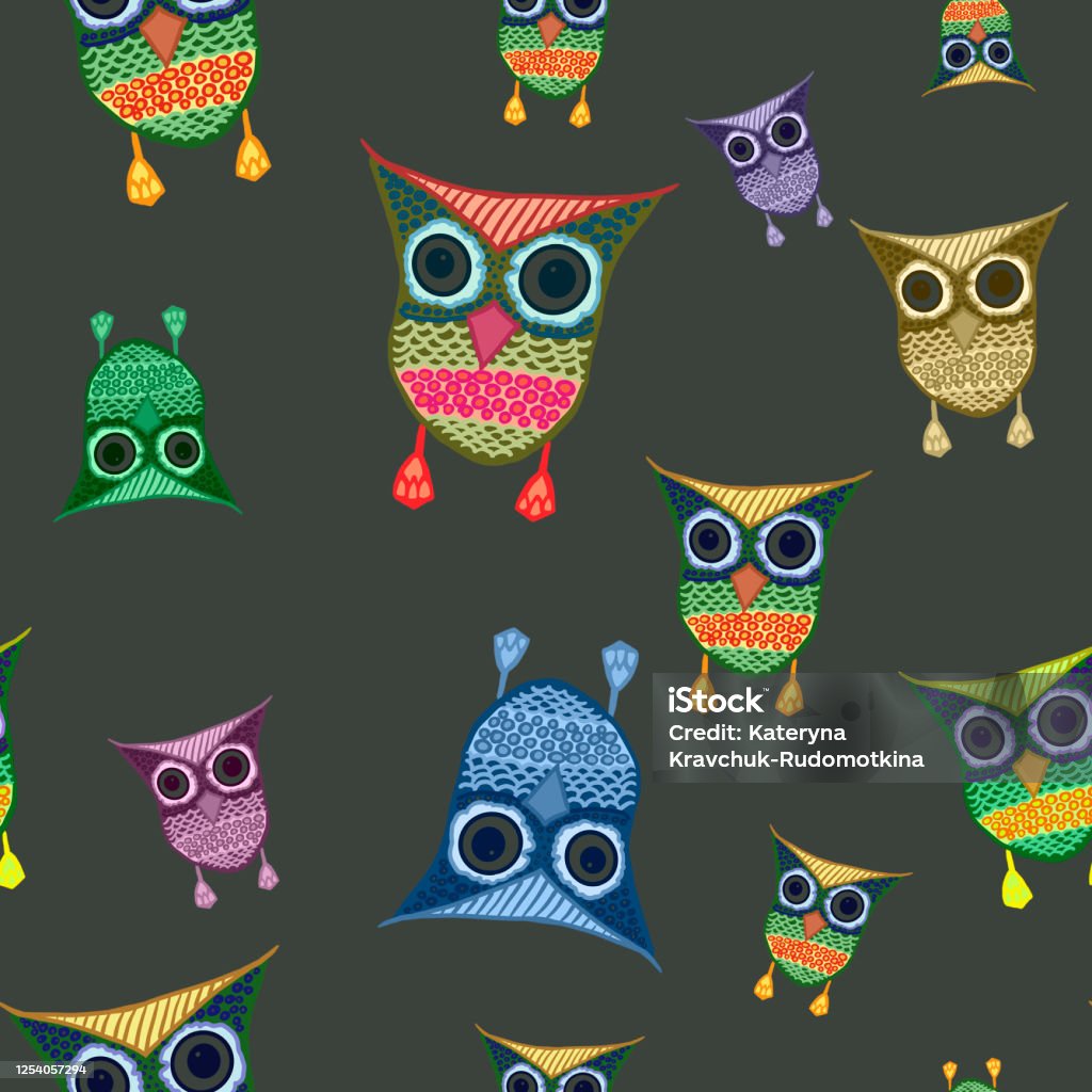 Seamless Pattern With Multicolored Cartoon Owls On Grey Background  Halloween Kids Print Stationery Packaging Wallpaper Textile Fabric Design  Stock Illustration - Download Image Now - iStock