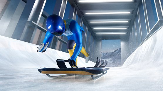 Skeleton sport. Bobsled. Luge. The athlete descends on a sleigh on an ice track. Winter sports.