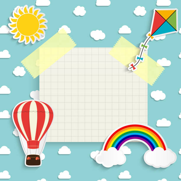 kind hintergrund mit regenbogen, sonne, wolke, drachen und ballon. ort für text. vektor-illustration - sun sky child balloon stock-grafiken, -clipart, -cartoons und -symbole