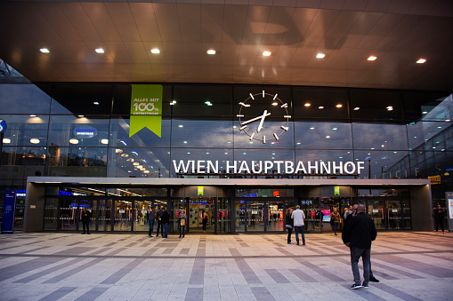 Austrians people and foreign travelers walking work at front of Wien Hauptbahnhof main railway station and travel visit Vienna city at Favoriten district on September 24, 2019 in Vienna, Austria