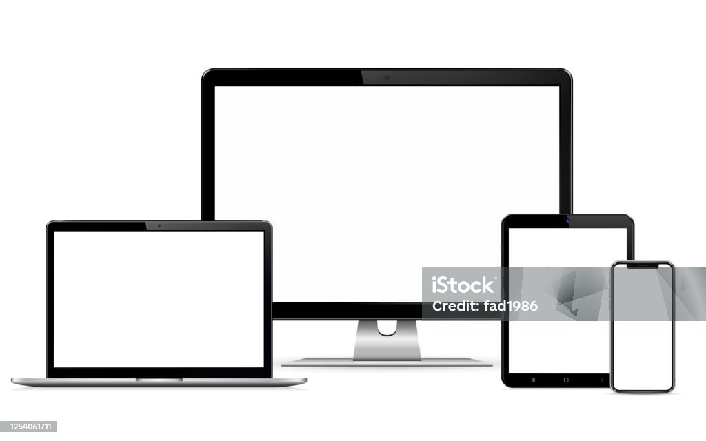 Responsive web design computer display with laptop and tablet pc with mobile phone Responsive web design computer display, laptop and tablet pc with mobile phone isolated. Vector illustration. Equipment stock vector
