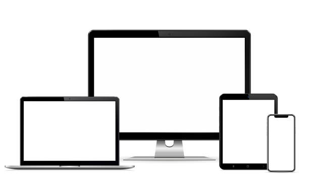 Responsive web design computer display with laptop and tablet pc with mobile phone Responsive web design computer display, laptop and tablet pc with mobile phone isolated. Vector illustration. news monitor stock illustrations
