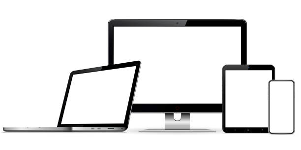 istock Devices mockup. Set of computer monitor, laptop, mobile phone and tablet pc isolated on white background. 1254062471