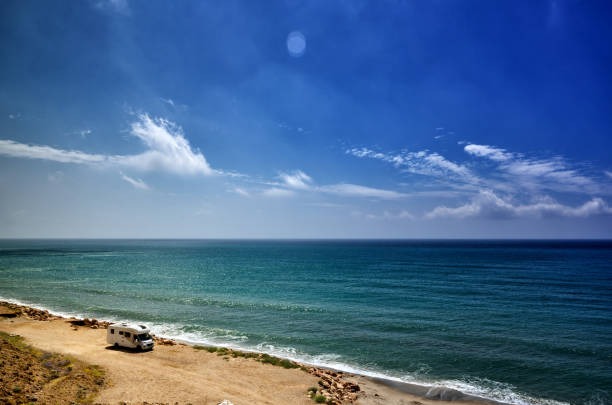 istock Camping on the beach with a caravan, freedom concept 1254063374
