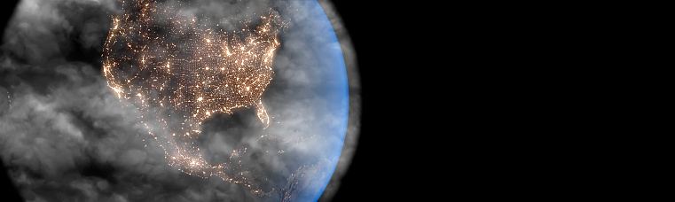 Polluted Earth and north America concept with pollution clouds panoramic.  Taken from  panoramichttps://earthobservatory.nasa.gov/blogs/elegantfigures/2011/10/06/crafting-the-blue-marble/ using After Effects software