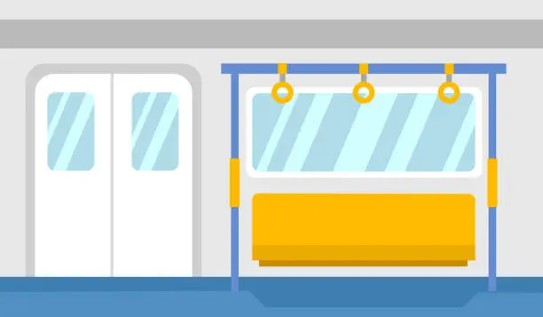 Vector illustration of Empty metro train interior in flat design. Subway train or sky train concept vector illustration. No passenger. Design for web, banner, template.