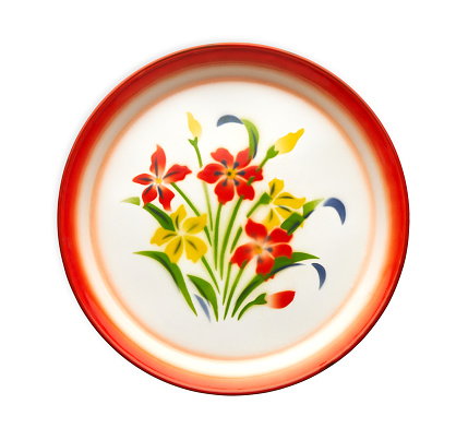 Enamel zinc tray with floral pattern, Vintage thai enamel food tray isolated on white background with clipping path, Top view