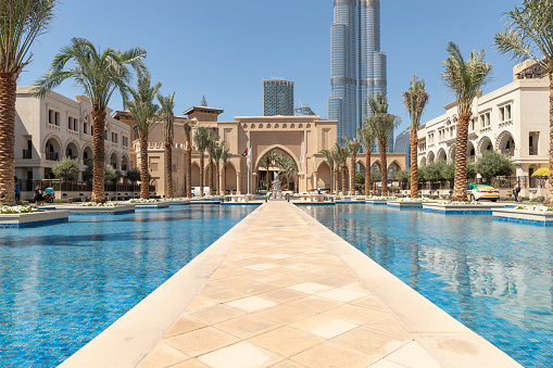 Dubai entrance to the Palace Hotel and Burj Khalifa, city center in the background of Burj Khalifa. The United Arab Emirates
