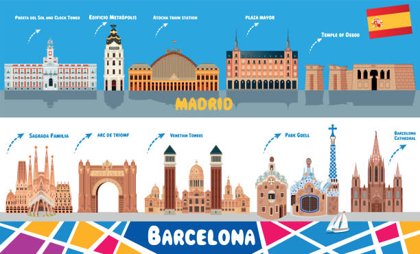 ilustrações de stock, clip art, desenhos animados e ícones de madrid and barcelona - plaza mayor