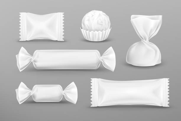 ilustrações, clipart, desenhos animados e ícones de pacote de polietileno branco realista para doces - chocolate candy bar chocolate candy foil