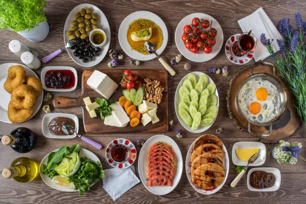 istock Traditional Turkish Breakfast served with traditional turkish tea on wooden table 1254069228