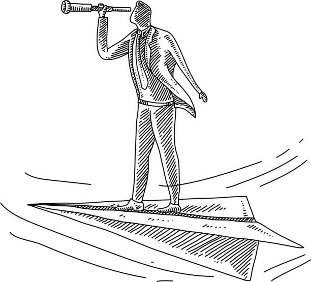 Business Man Searching with Paper Plane Drawing Line drawing of Business Man Searching with Paper Plane. Elements are grouped.contains eps10 and high resolution jpeg. binoculars patterns stock illustrations