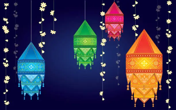 Vector illustration of Hanging indian style colourful lantern with jasmine flower hanging around.
