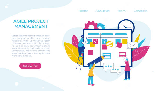 Art & Illustration Agile project management process. Communication, teamwork, business process. Employees consult, work at the computer, plan the workflow, program and communicate. Kanban board. Scrum master. Agile methodology. flowchart symbols programming stock illustrations
