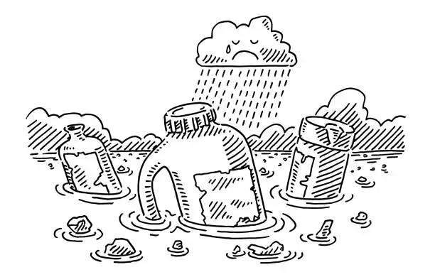 Vector illustration of Plastic Pollution In The Ocean Sad Rain Cloud Drawing