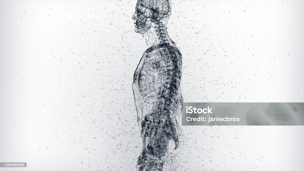 Illuminated scan of human body part made of data and particles. Concept of biometric technology. Futuristic bright design Medical technology concept. Full scan of human upper body part with illuminated skeleton. White background The Human Body Stock Photo