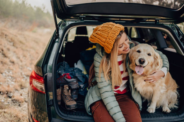 Roadtrippers Photo of a young smiling woman and her dog sitting the trunk of a car on a beautiful autumn day; taking a short break during their road trip. golden retriever photos stock pictures, royalty-free photos & images