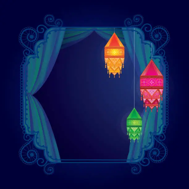 Vector illustration of Background and frame design with traditional indian lantern.