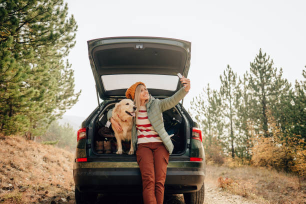 Capturing moments of our road trip Photo of a young smiling woman and her dog sitting the trunk of a car on a beautiful autumn day; capturing precious moments of their road trip and taking a short break it the middle of a forest. photo messaging stock pictures, royalty-free photos & images