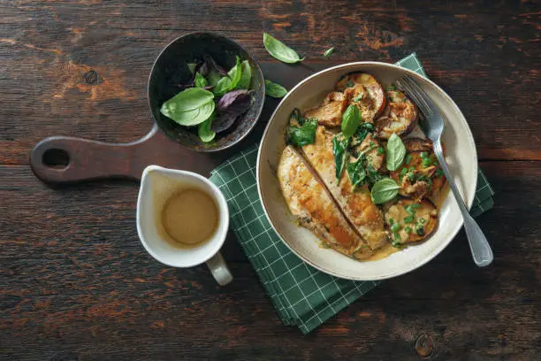 Roast Chicken Breast with grilled potatoes and wild mushrooms. Flat lay top-down composition on wooden background. Horizontal image with copy space.