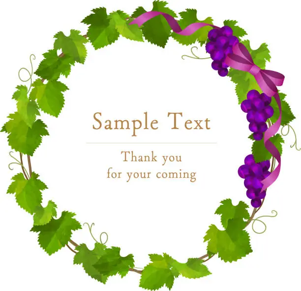 Vector illustration of Purple grapes and ivy round frame, wreath, with ribbon