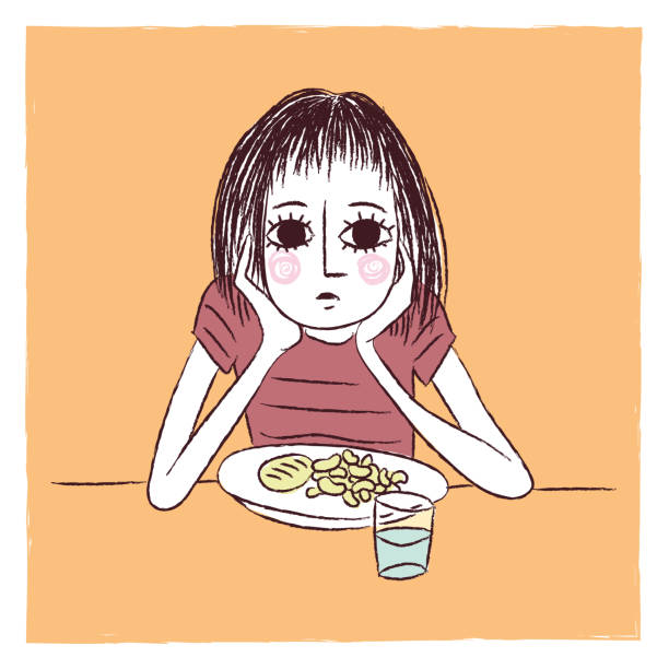 ilustrações de stock, clip art, desenhos animados e ícones de woman in front of her plate - anorexia