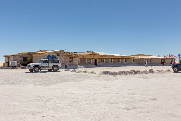 Uyuni, Bolivia - october 01, 2018: Salt hotel near the Dakar Bolivia Monument in Salar de Uyuni, near Colchani, in Bolivia