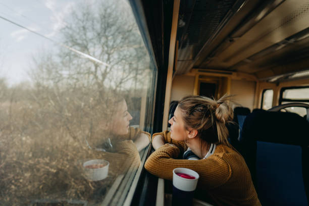 istock Smiling woman on a train 1254091380