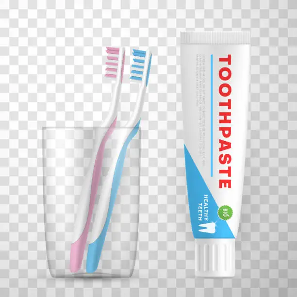 Vector illustration of Toothpaste mockup and toothbrushes blue, pink are in glass cup. Personal, oral hygiene supplies, toiletries.