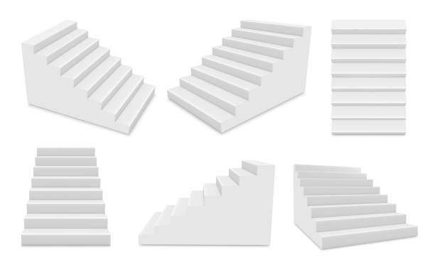 Stairs with white steps in different position realistic set. Stairway for exterior or interior mockups. Stairs with white steps in different position realistic set. Stairway for exterior or interior mockups. Staircase without banister. Top, side, front view. Vector 3d isolated templates collection. staircase stock illustrations
