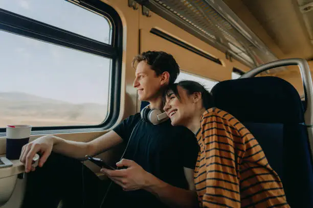 Photo of a smiling young couple travelling together by train