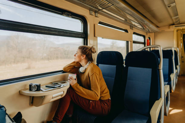 istock Young woman on a train 1254092322