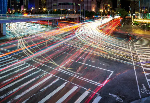 Photo of Complex busy intersection at night
