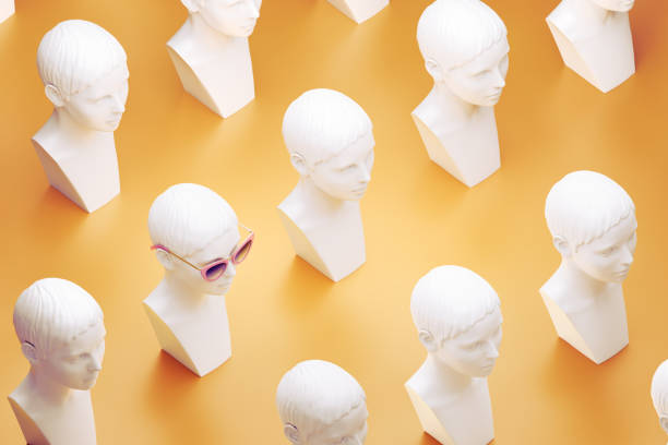 Mannequins in form of a female bust which are arranged in many rows and standing on reflective flat surface - one of them with wearing stylish sunglasses. 3D rendering graphics on the theme of Fashion & Lifestyle.