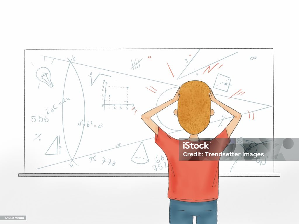 Student Looking At Math Hand Drawn Illustration Of A Student Looking At Math Problem On ...