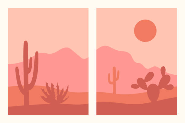 абстрактные современные эстетические фоны с юго-западным ландшафтом, пустыней, горами, кактусами. земные тона, терракотовые цвета. boho насте - desert stock illustrations